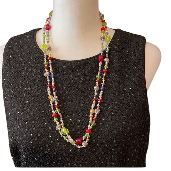 Double strand green silver red purple yellow different size beads necklace EUC - Picture 1 of 7